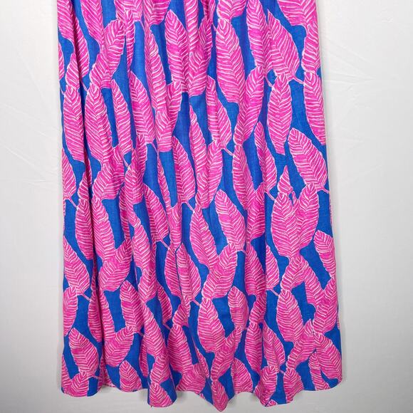 Vineyard Vines Size 00 Pink Blue Palm Print Maxi Dress Cross Strap Linen Blend - Picture 8 of 11